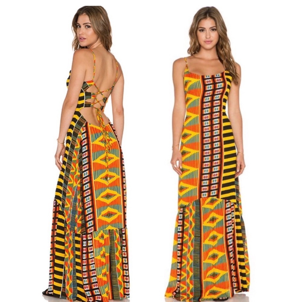 Indah Zera Maxi Dress King Print Sleeveless Strappy Size Small Tribal Boho